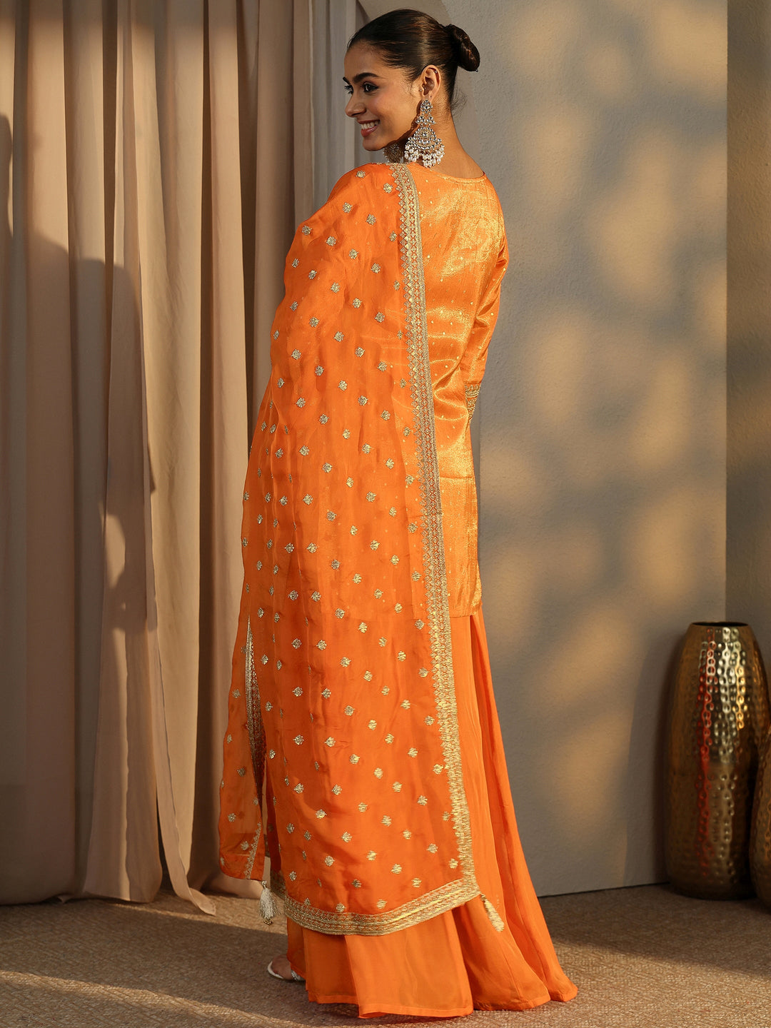  Libas Art Orange Embroidered Silk Blend Straight Suit Set With Dupatta 