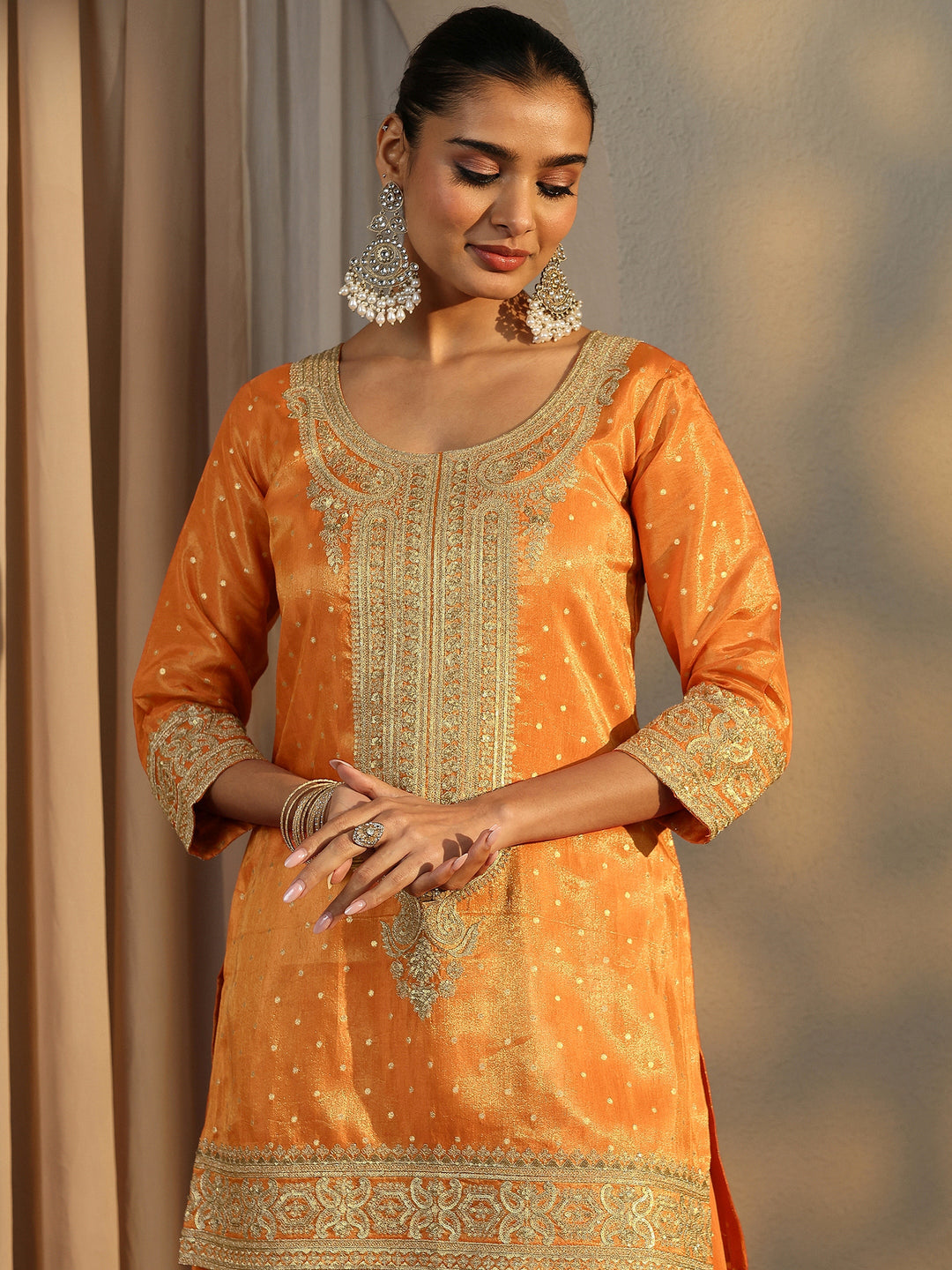  Libas Art Orange Embroidered Silk Blend Straight Suit Set With Dupatta 