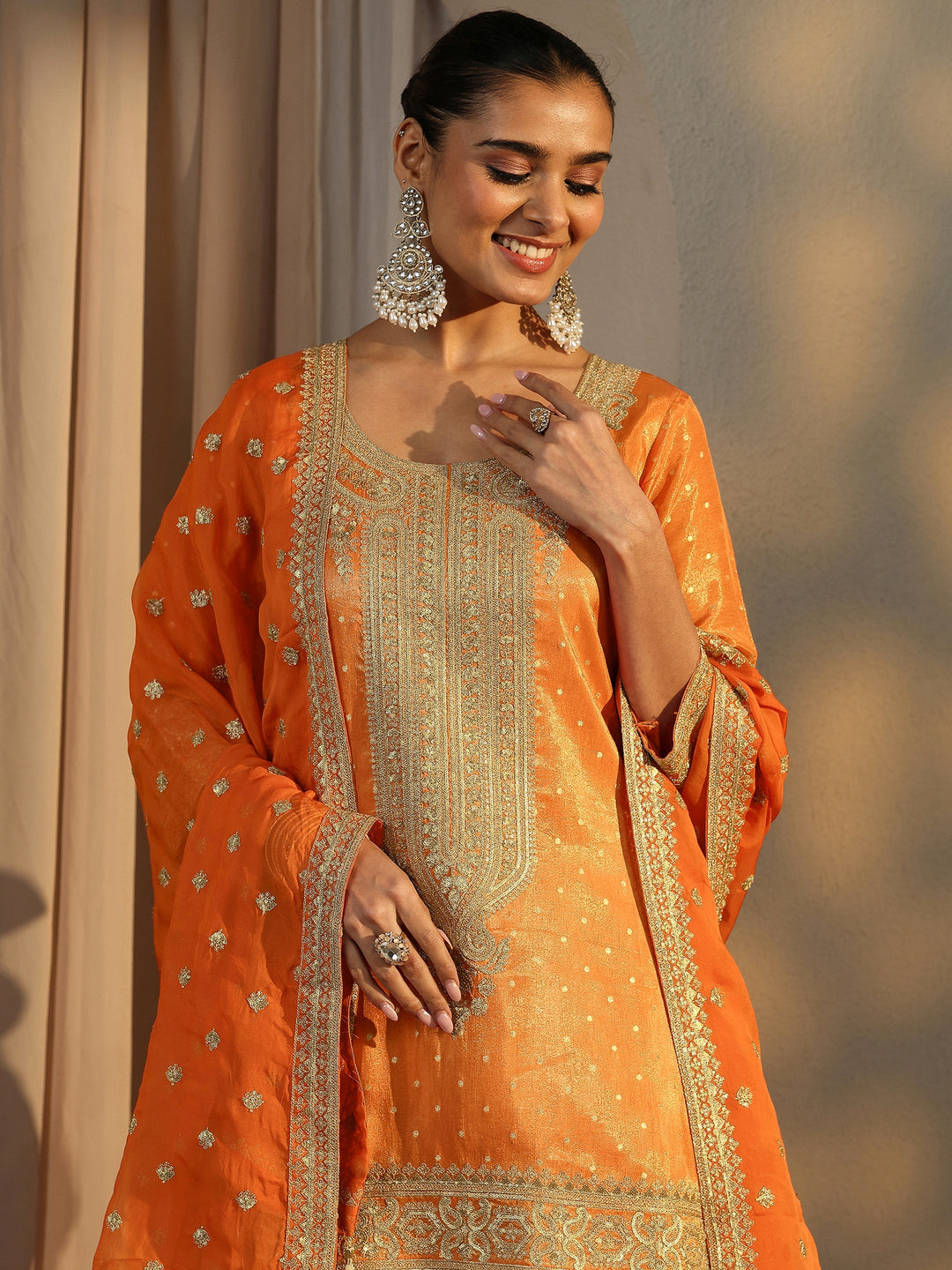  Libas Art Orange Embroidered Silk Blend Straight Suit Set With Dupatta 