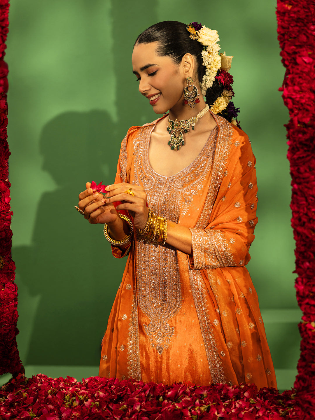 Libas Art Arunima Orange Embroidered Silk Blend Straight Suit Set With Dupatta