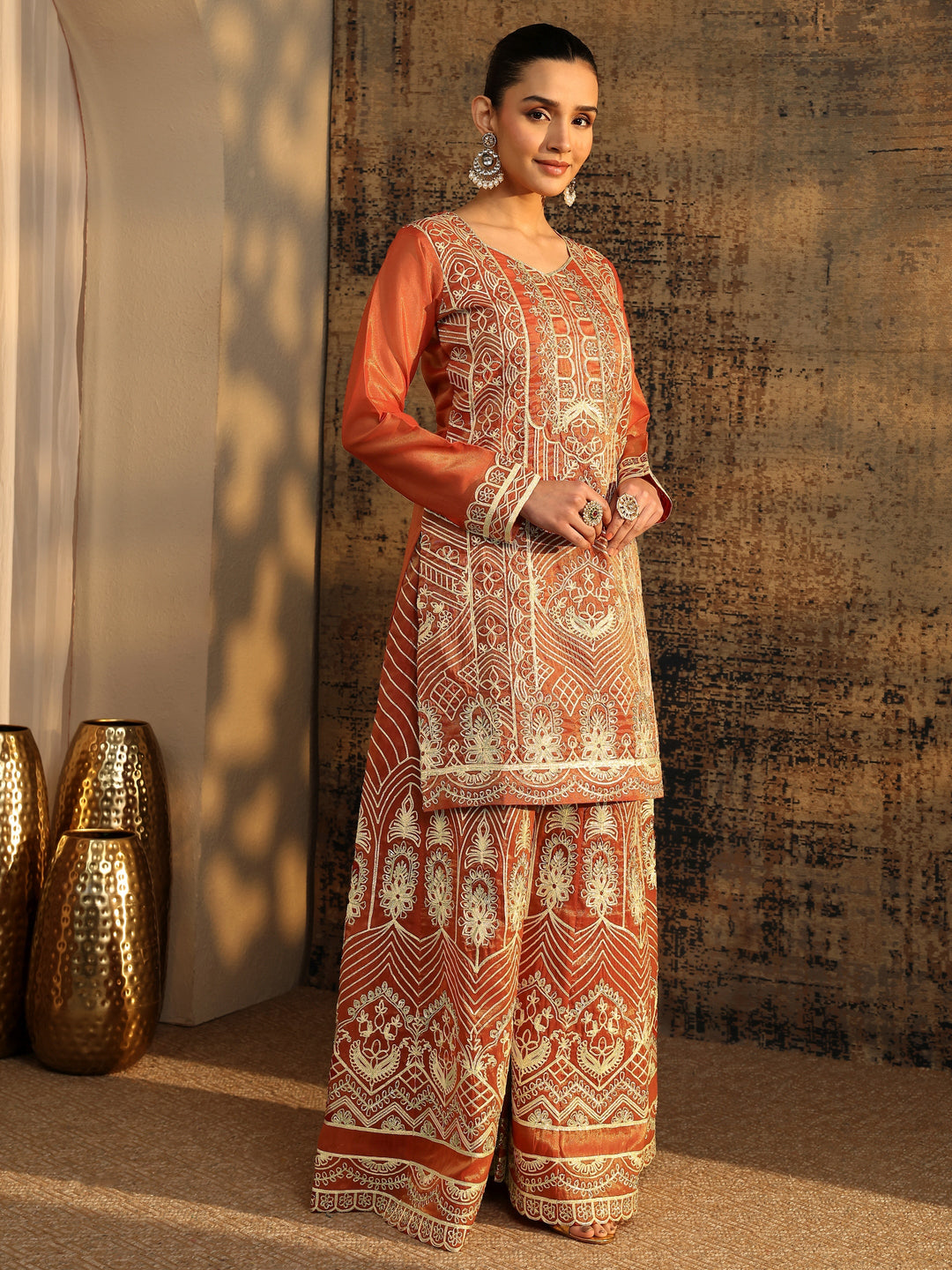  Libas Art Rust Embroidered Silk Blend Straight Suit Set With Dupatta 