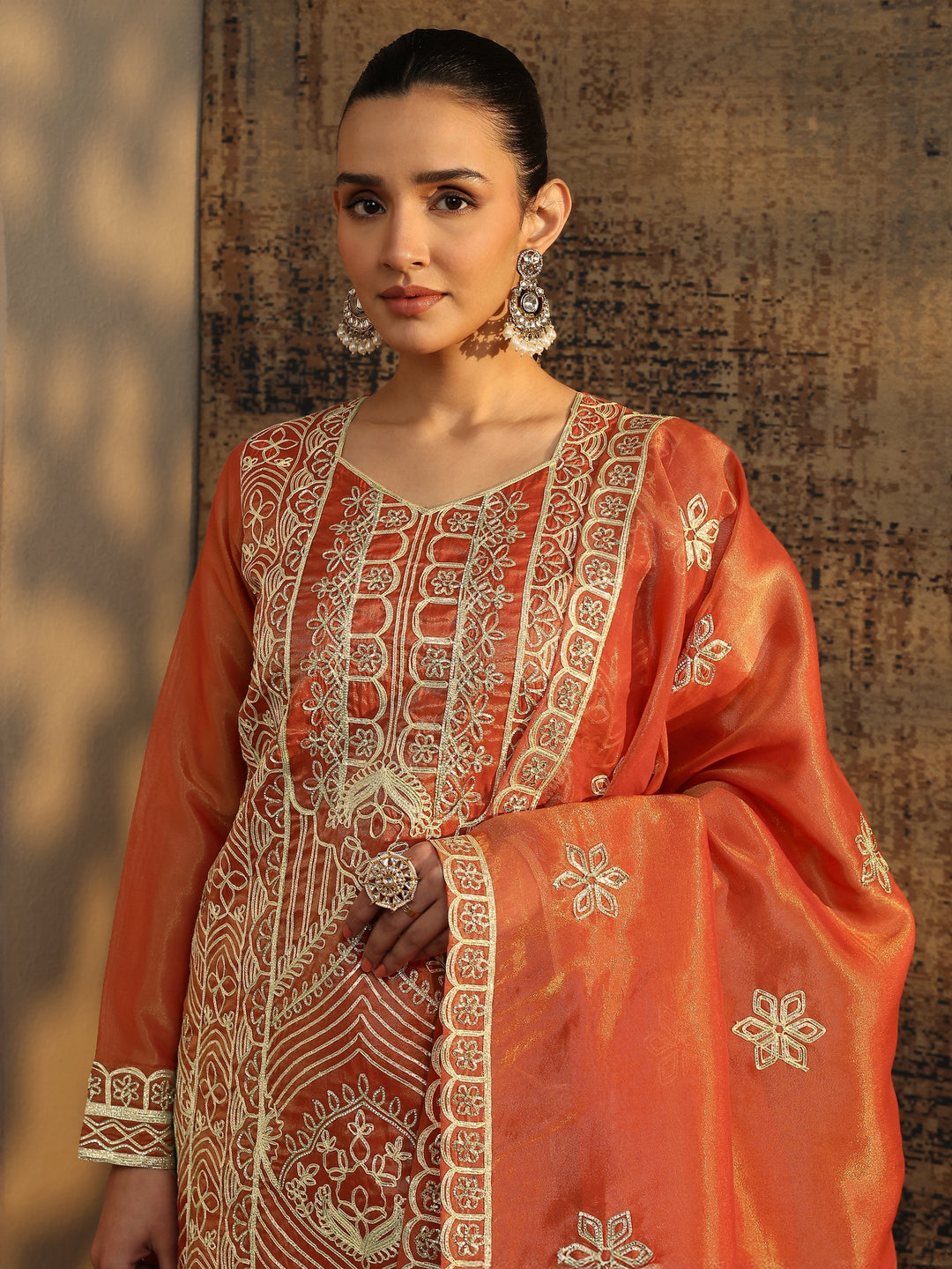  Libas Art Rust Embroidered Silk Blend Straight Suit Set With Dupatta 