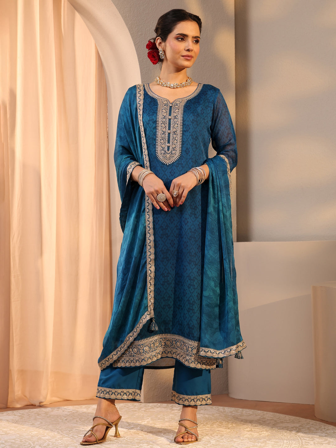  Teal Embroidered Chiffon Straight Suit Set With Dupatta 