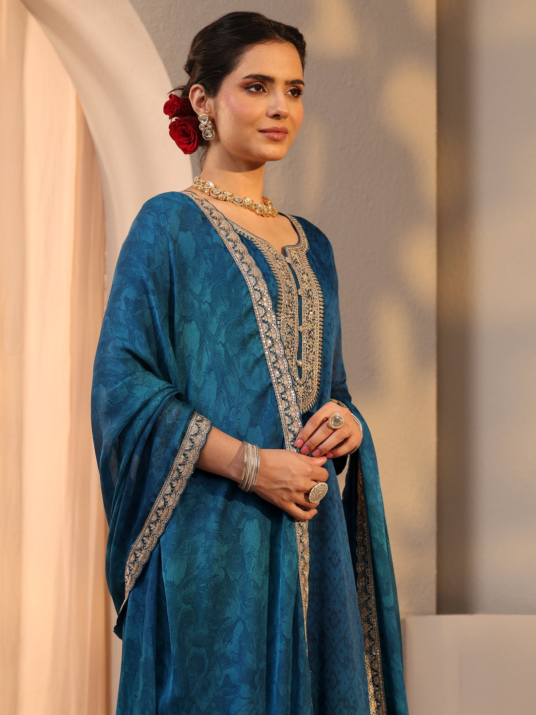  Teal Embroidered Chiffon Straight Suit Set With Dupatta 