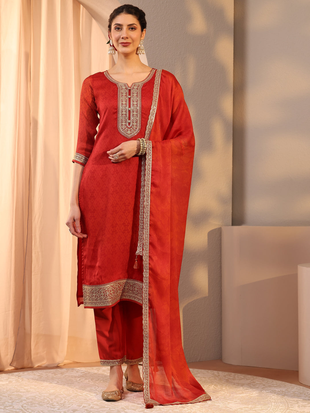  Red Floral Yoke Design Chiffon Straight Suit Set With Dupatta 