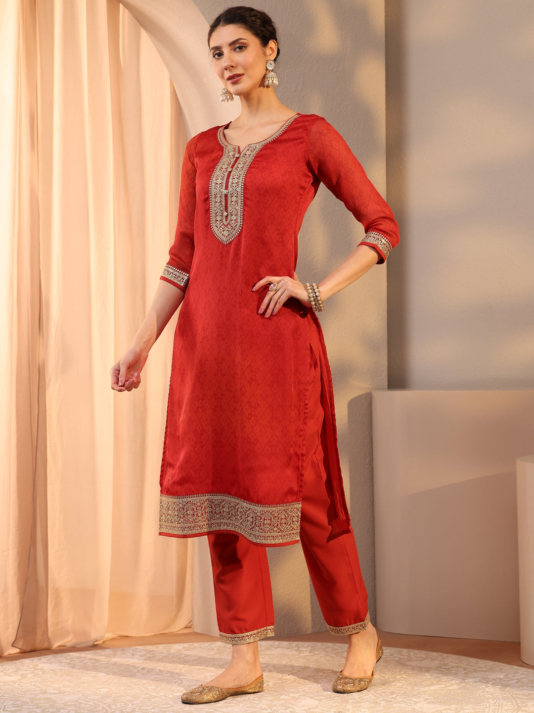  Red Floral Yoke Design Chiffon Straight Suit Set With Dupatta 