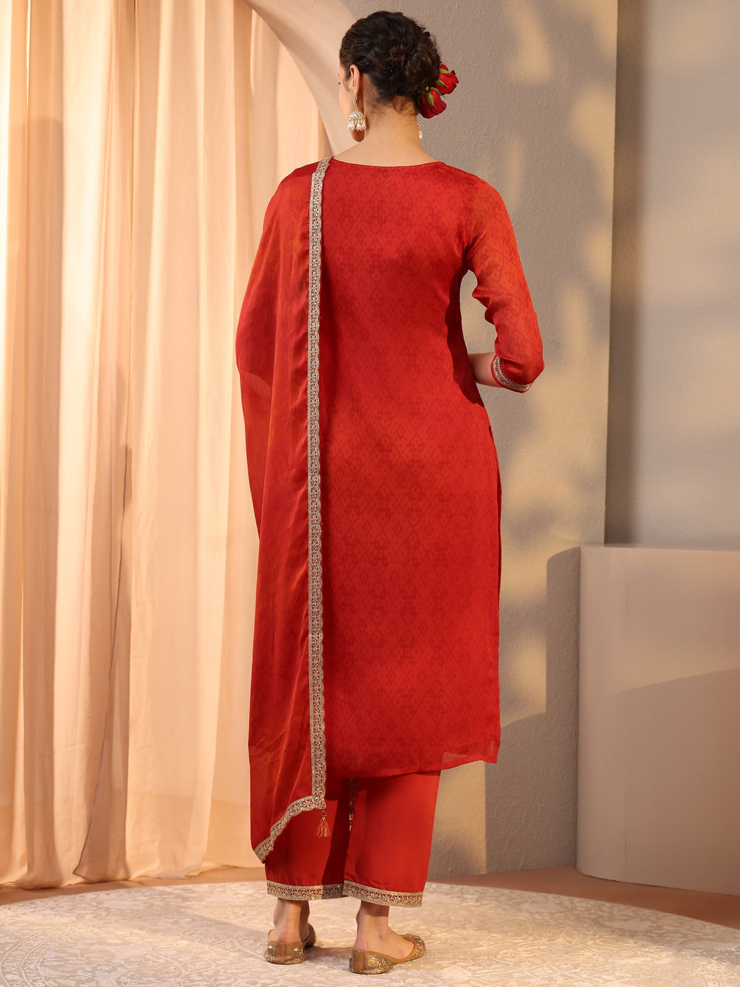  Red Floral Yoke Design Chiffon Straight Suit Set With Dupatta 