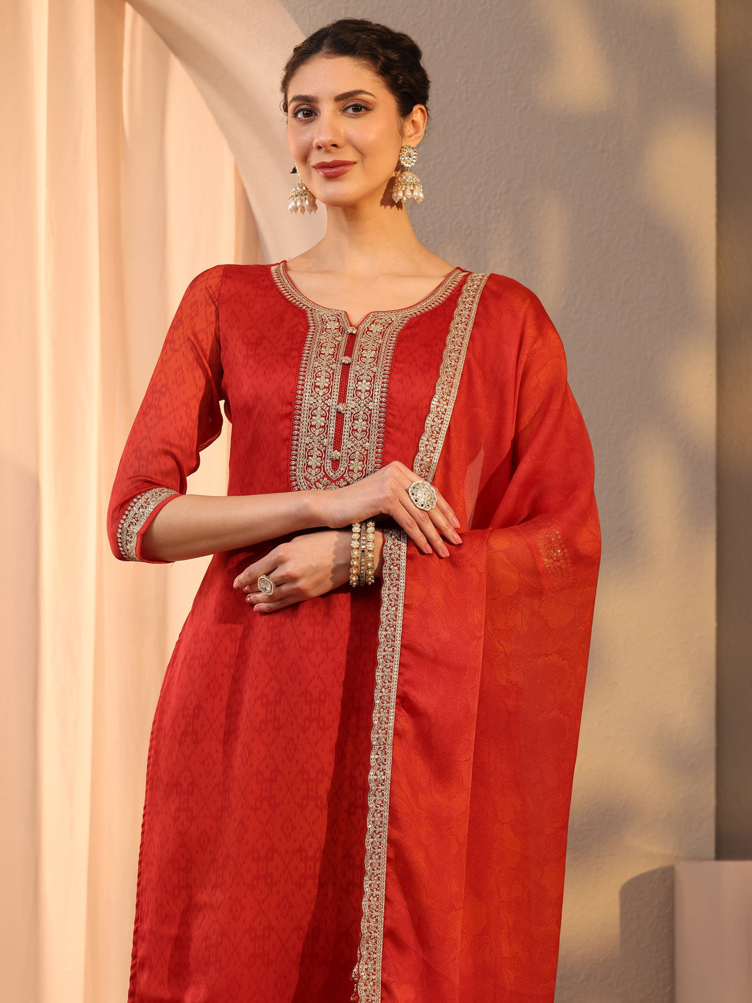  Red Floral Yoke Design Chiffon Straight Suit Set With Dupatta 