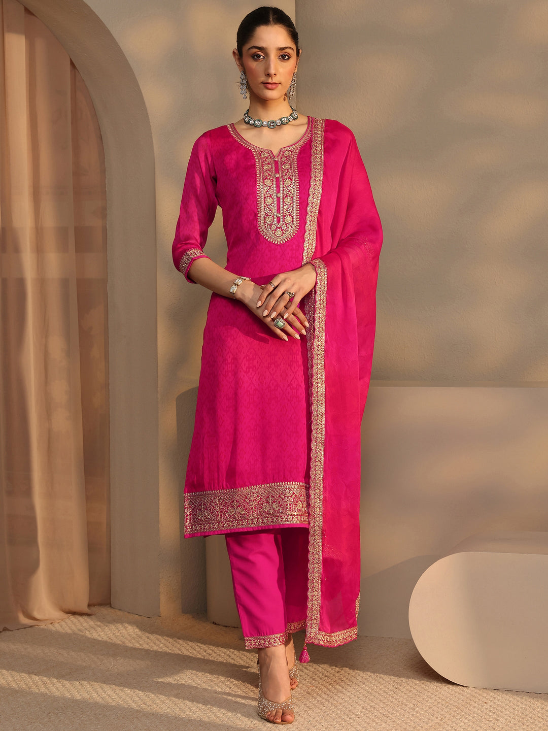  Pink Embroidered Chiffon Straight Suit Set With Dupatta 