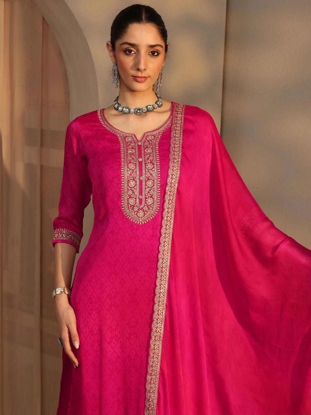  Pink Embroidered Chiffon Straight Suit Set With Dupatta 