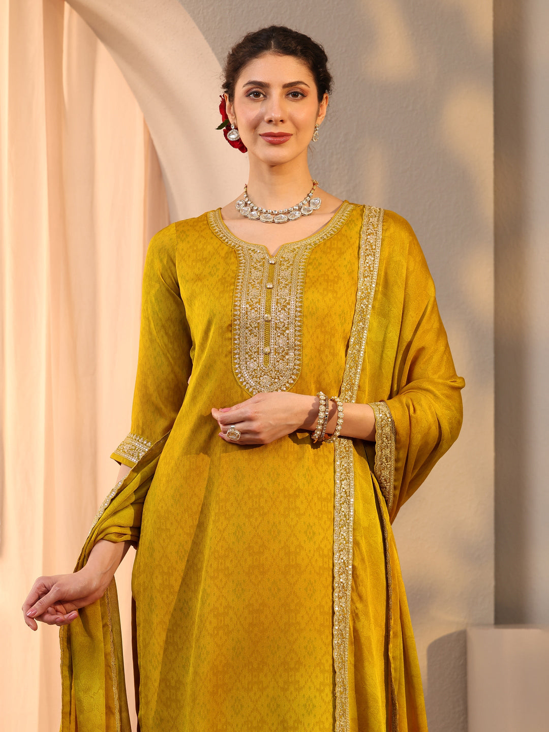  Mustard Embroidered Chiffon Straight Suit Set With Dupatta 