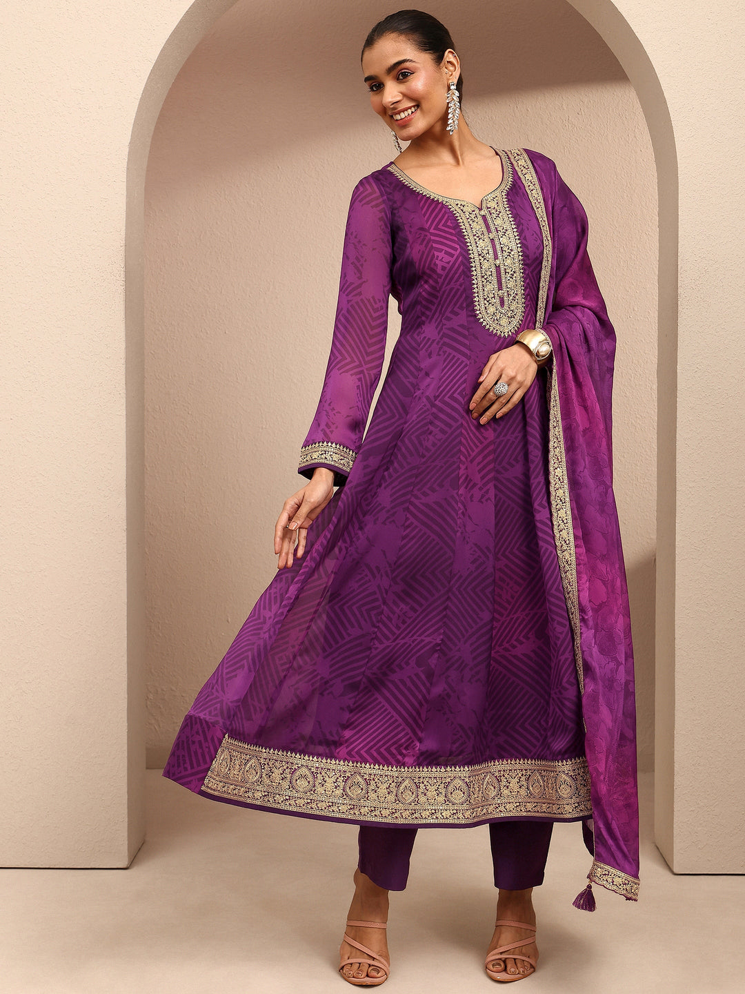  Purple Printed Chiffon Anarkali Suit Set With Dupatta 