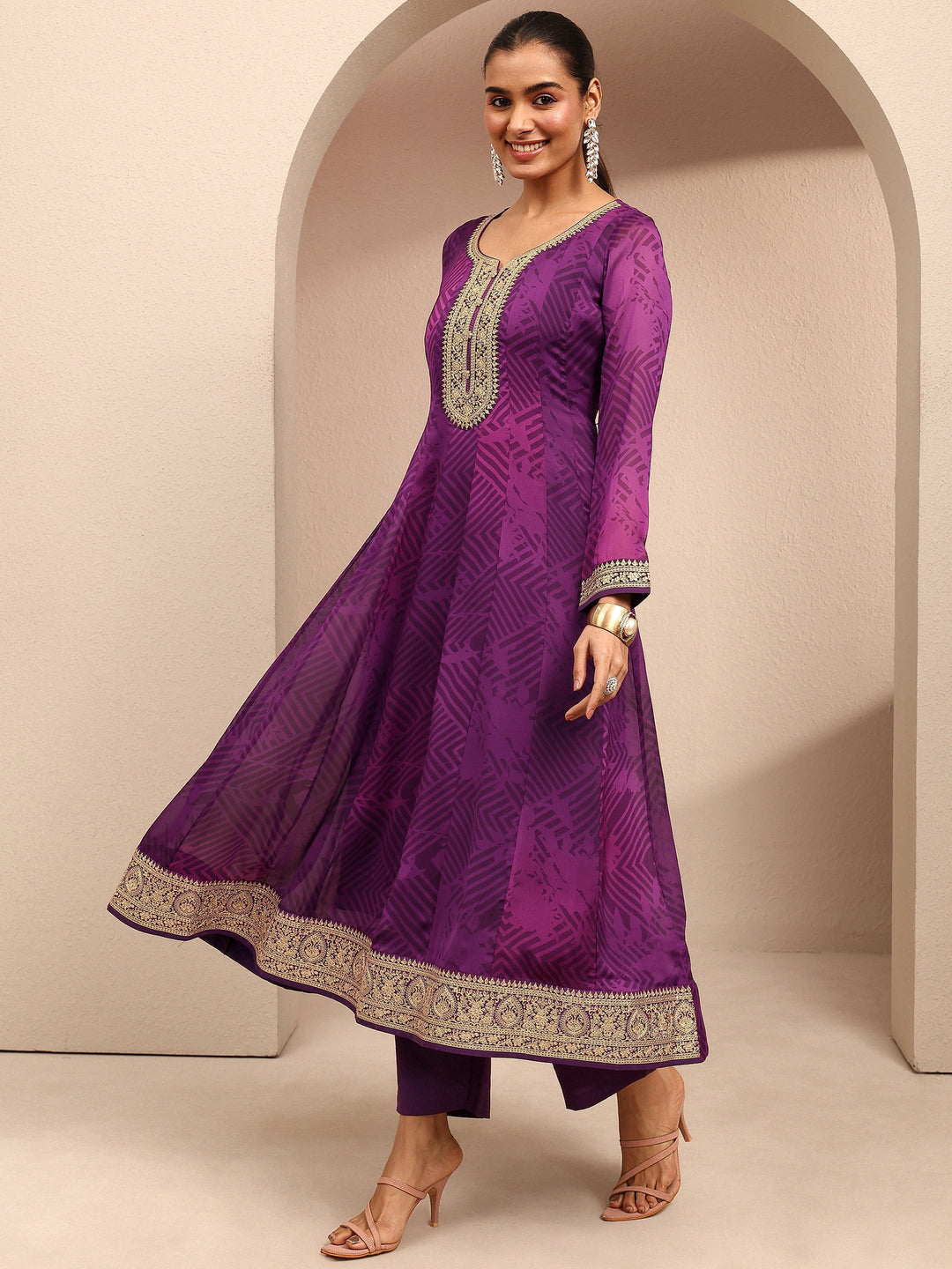  Purple Printed Chiffon Anarkali Suit Set With Dupatta 