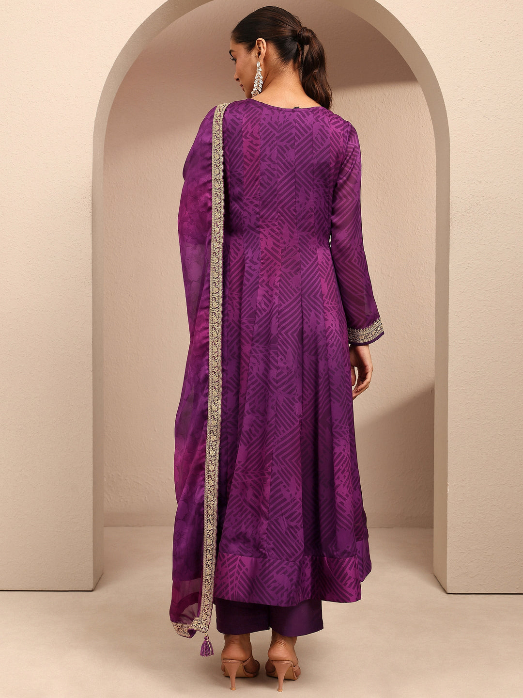  Purple Printed Chiffon Anarkali Suit Set With Dupatta 