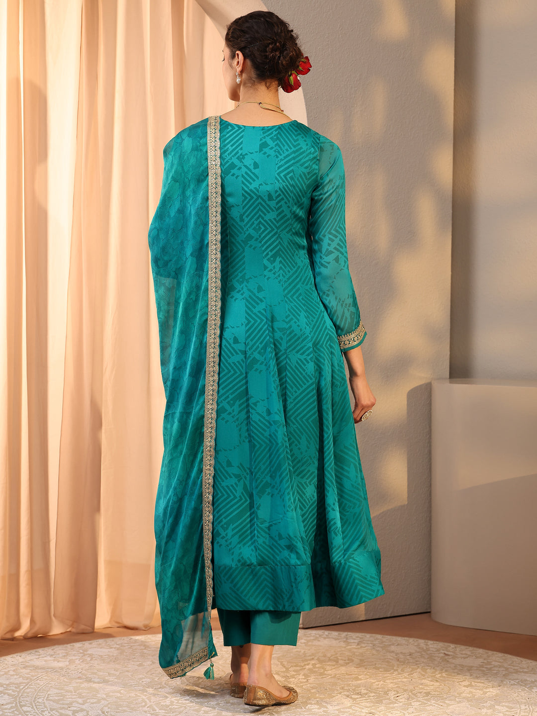  Teal Embroidered Chiffon Anarkali Suit Set With Dupatta 