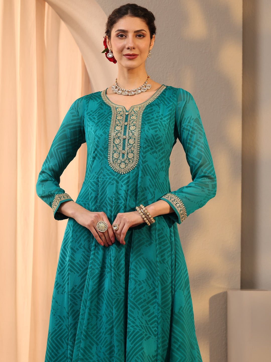  Teal Embroidered Chiffon Anarkali Suit Set With Dupatta 