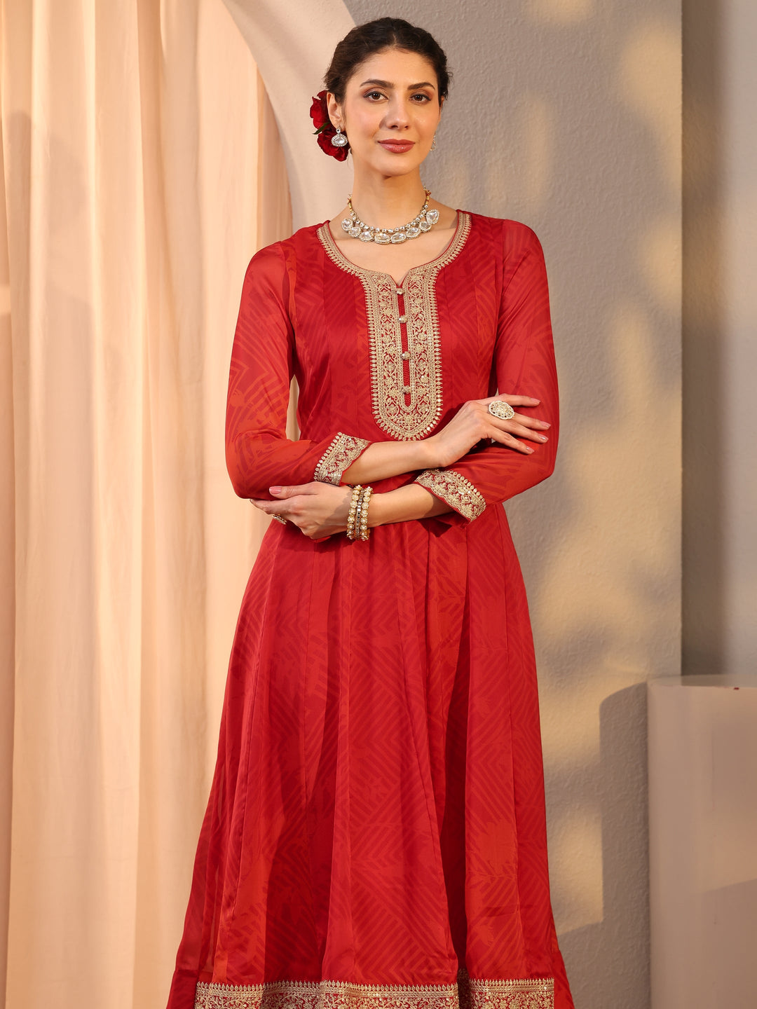  Red Embroidered Chiffon Anarkali Suit Set With Dupatta 
