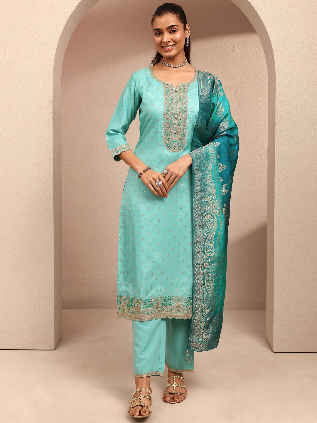  Blue Embroidered Silk Blend Straight Suit Set With Dupatta 