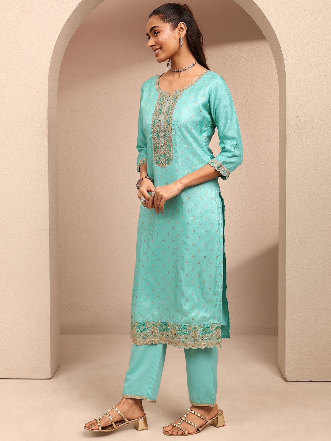  Blue Embroidered Silk Blend Straight Suit Set With Dupatta 