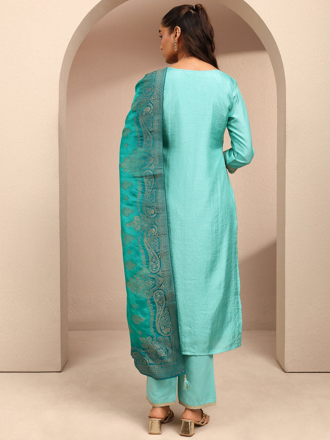  Blue Embroidered Silk Blend Straight Suit Set With Dupatta 