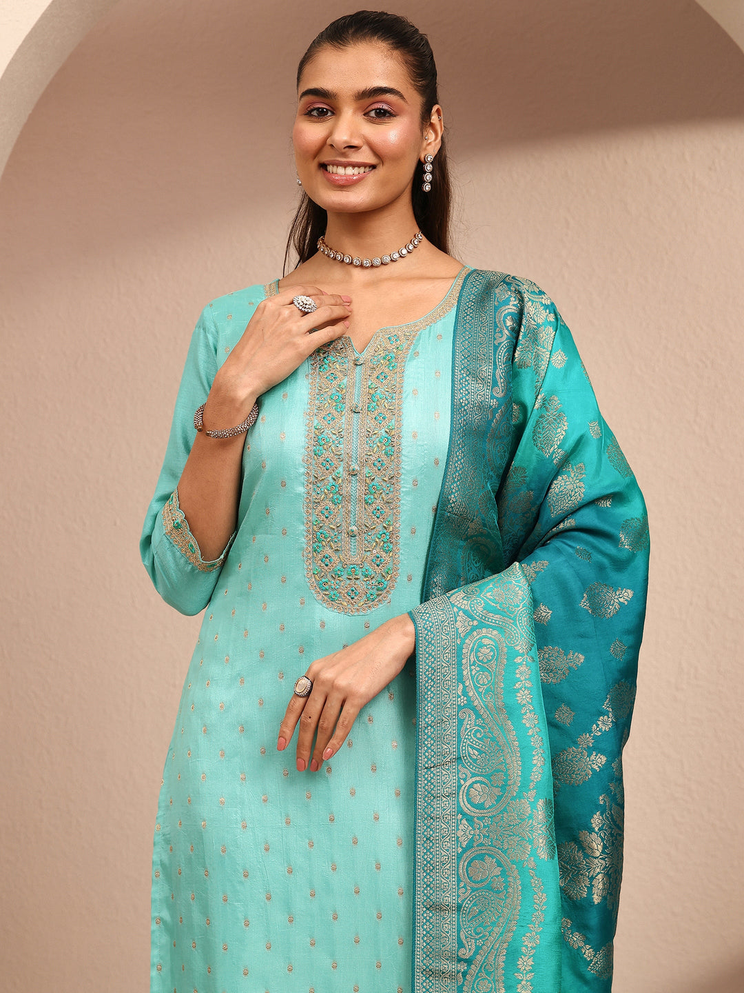  Blue Embroidered Silk Blend Straight Suit Set With Dupatta 