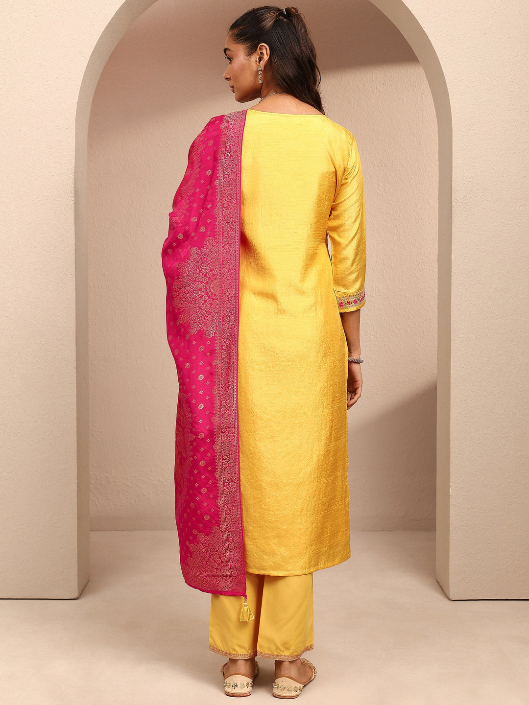  Mustard Embroidered Silk Blend Straight Suit Set With Dupatta 