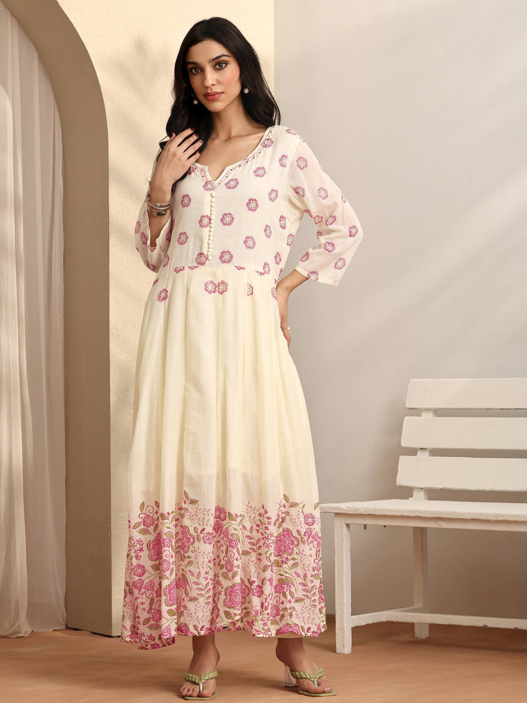  Off white Printed Cotton Anarkali Suit Set With Dupatta 