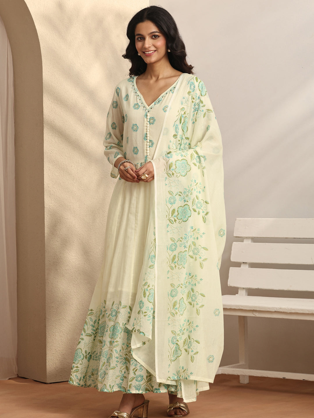  Off white Printed Cotton Anarkali Suit Set With Dupatta 