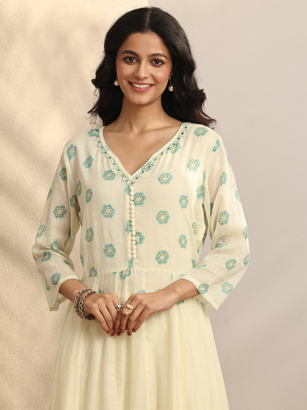  Off white Printed Cotton Anarkali Suit Set With Dupatta 