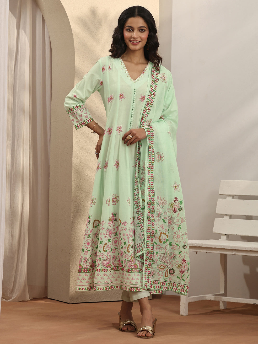  Green Printed Cotton Anarkali Suit Set With Dupatta 