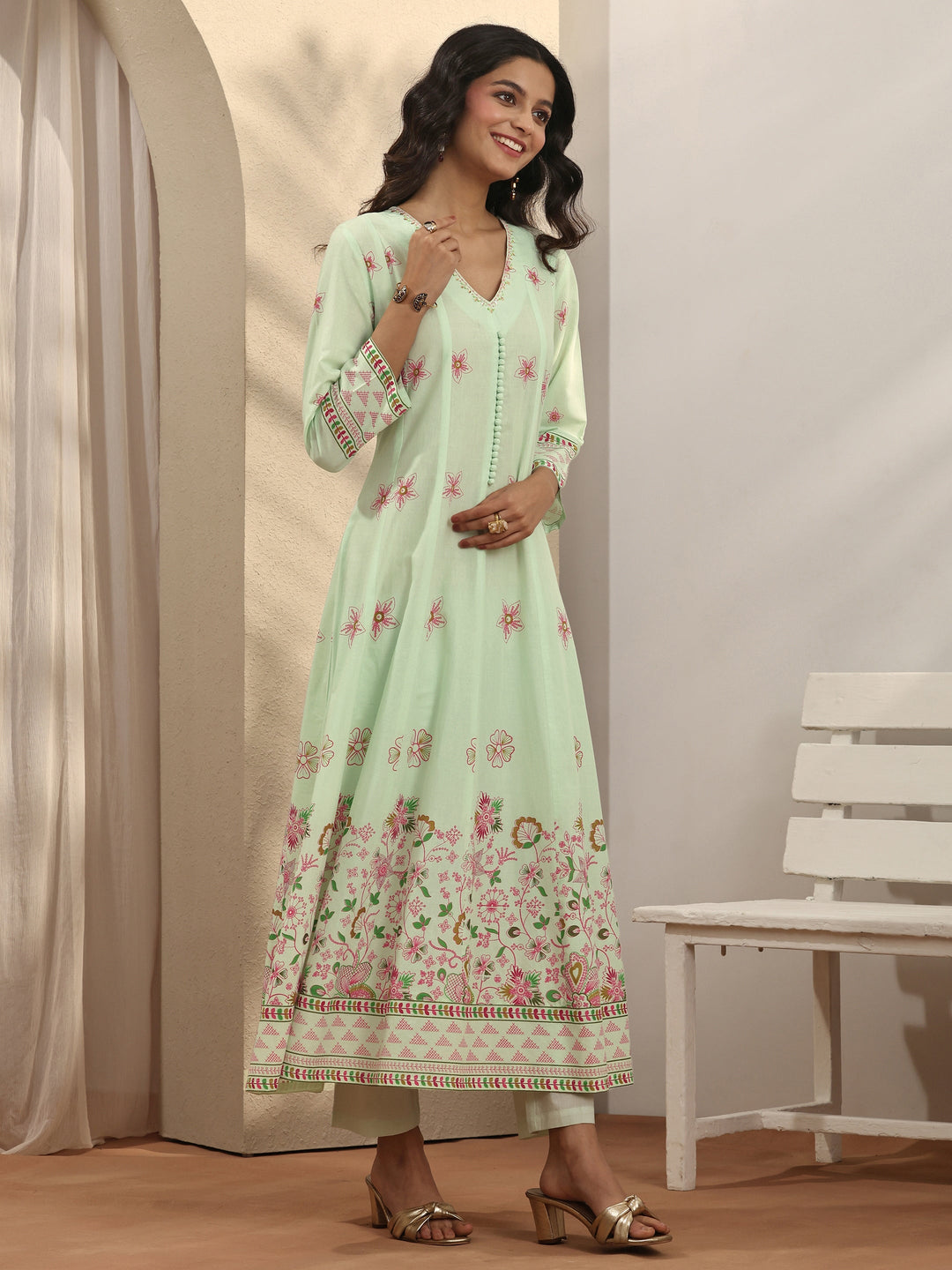  Green Printed Cotton Anarkali Suit Set With Dupatta 