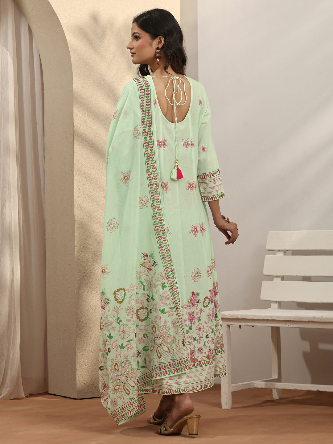  Green Printed Cotton Anarkali Suit Set With Dupatta 