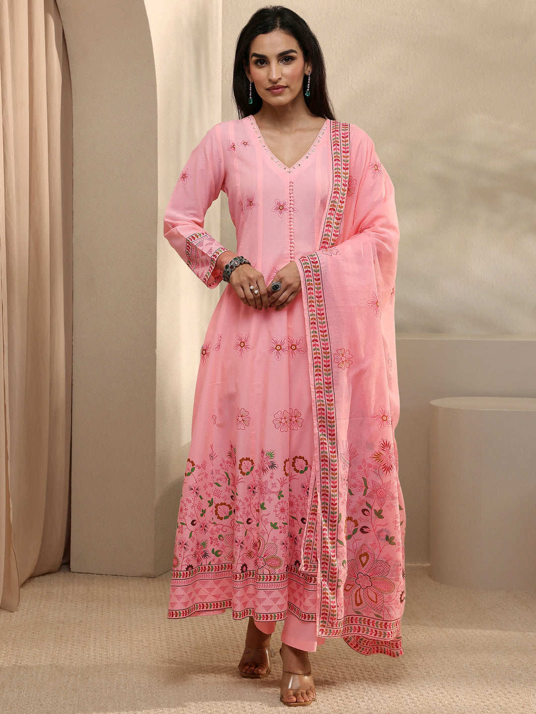  Pink Printed Cotton Anarkali Suit Set With Dupatta 