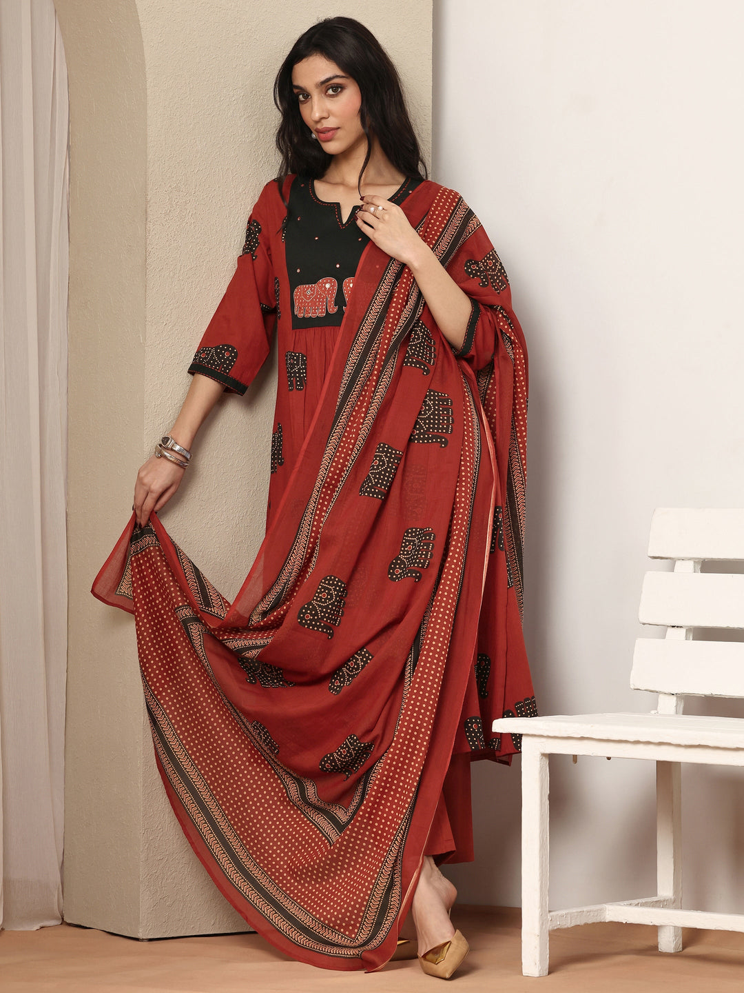 Rust Printed Cotton Straight Suit Set With Dupatta