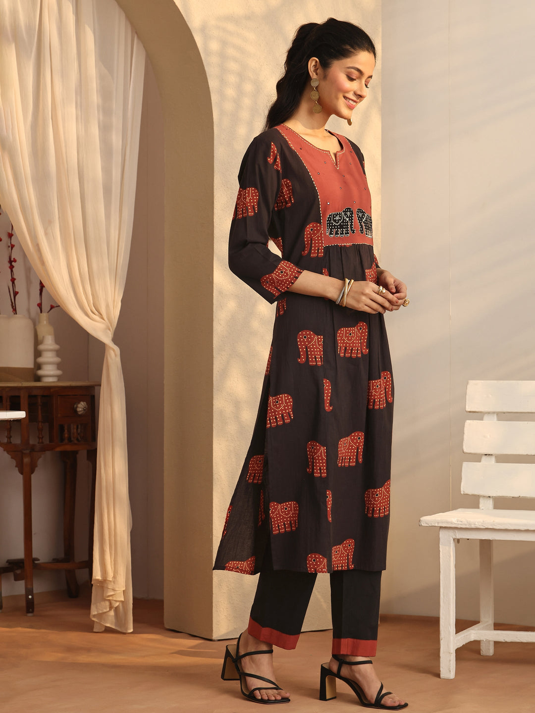  Black Tribal Printed Cotton A-Line Suit Set With Dupatta 