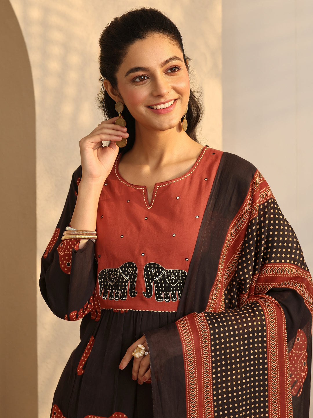  Black Tribal Printed Cotton A-Line Suit Set With Dupatta 