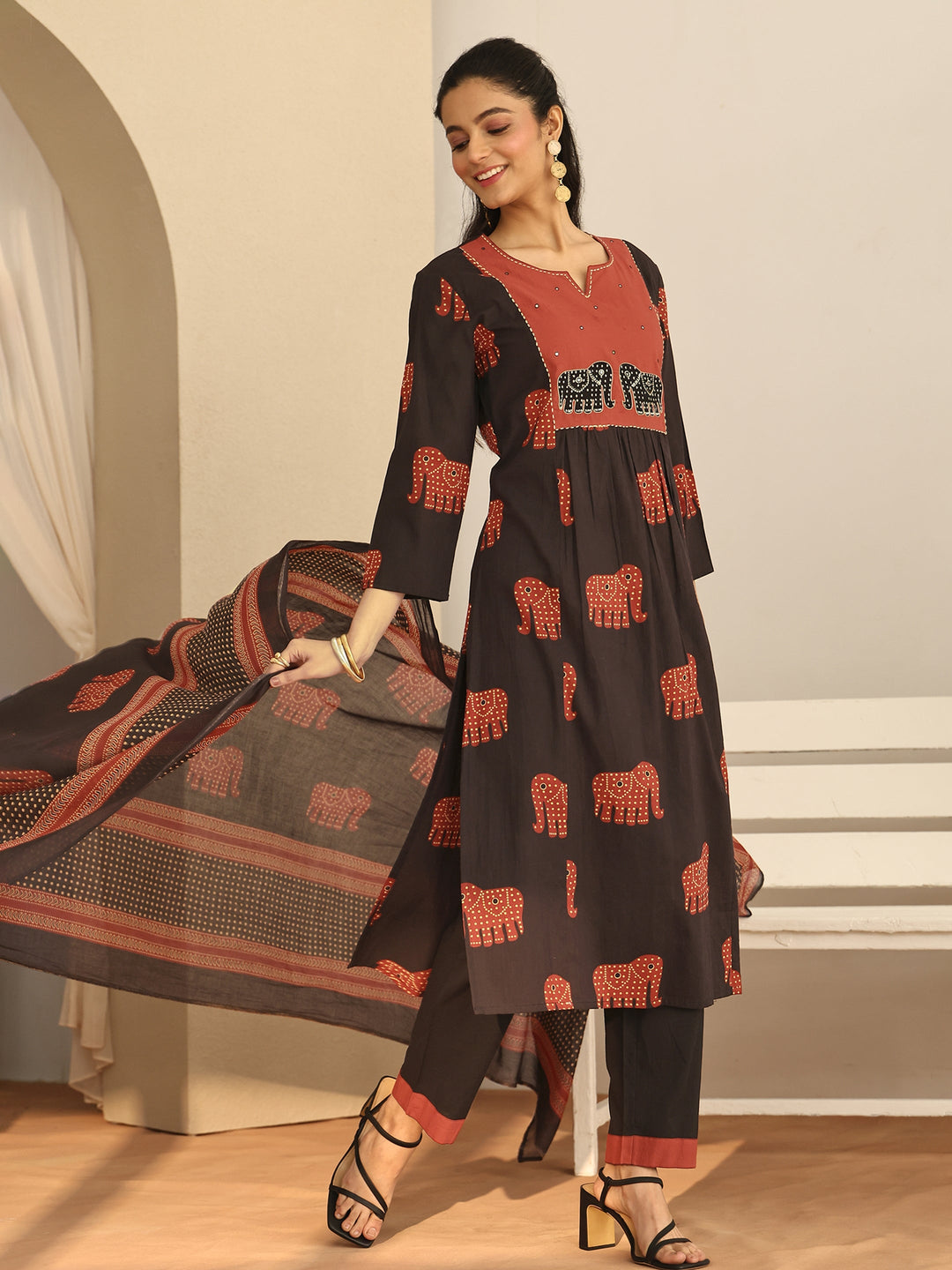 Black Tribal Printed Cotton A-Line Suit Set With Dupatta 