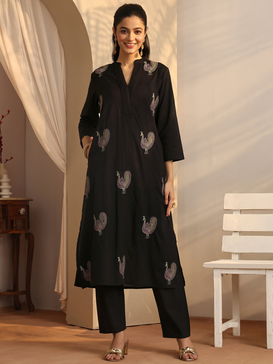  Black Embroidered Cotton Straight Kurta Set 