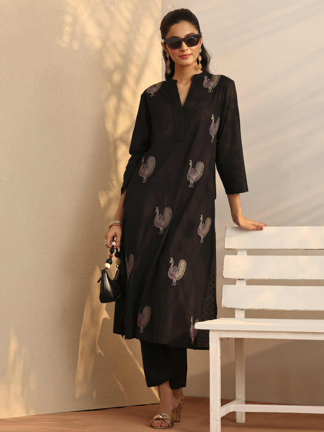  Black Embroidered Cotton Straight Kurta Set 