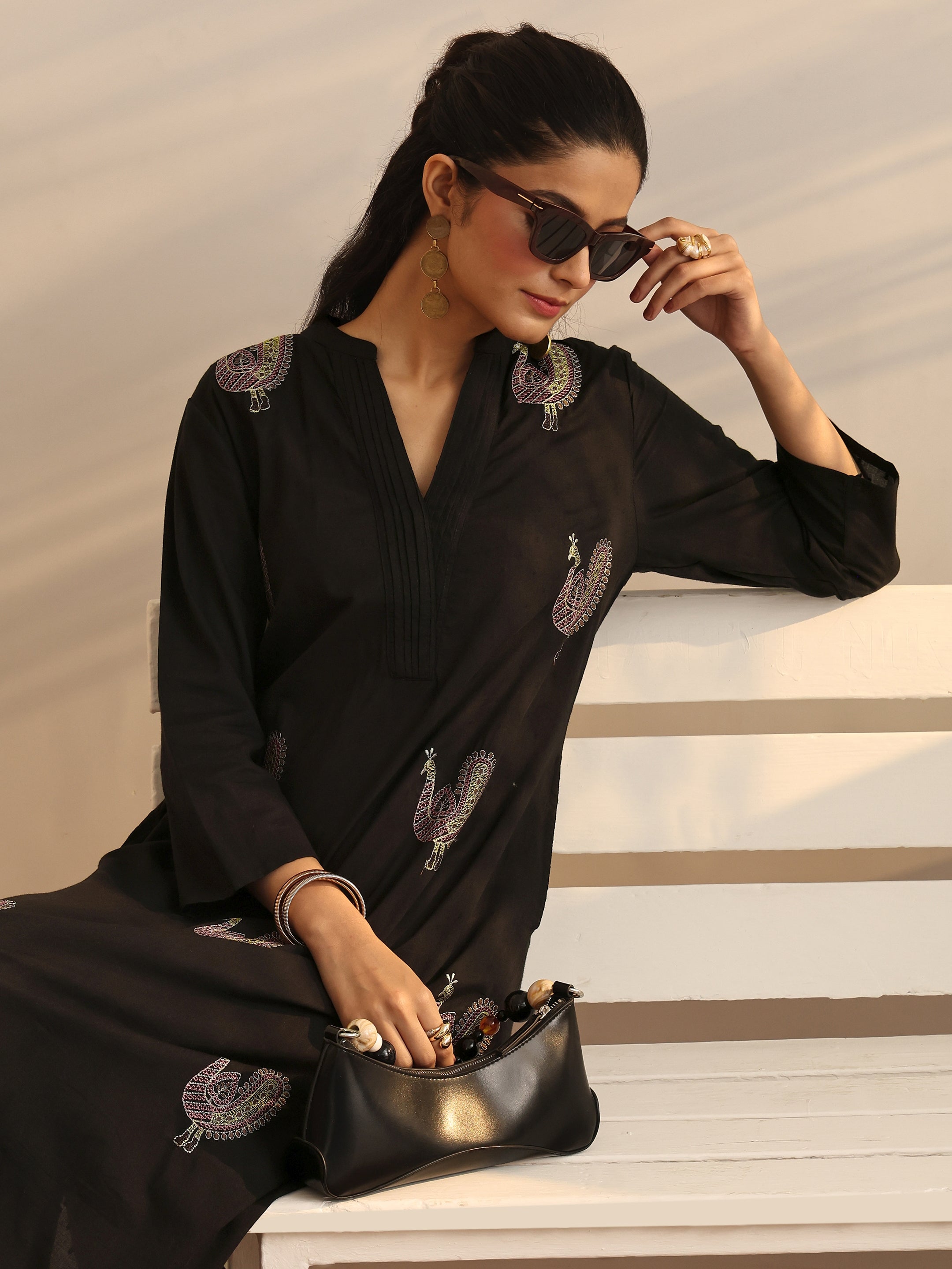 Black Embroidered Cotton Straight Kurta Set-image-47