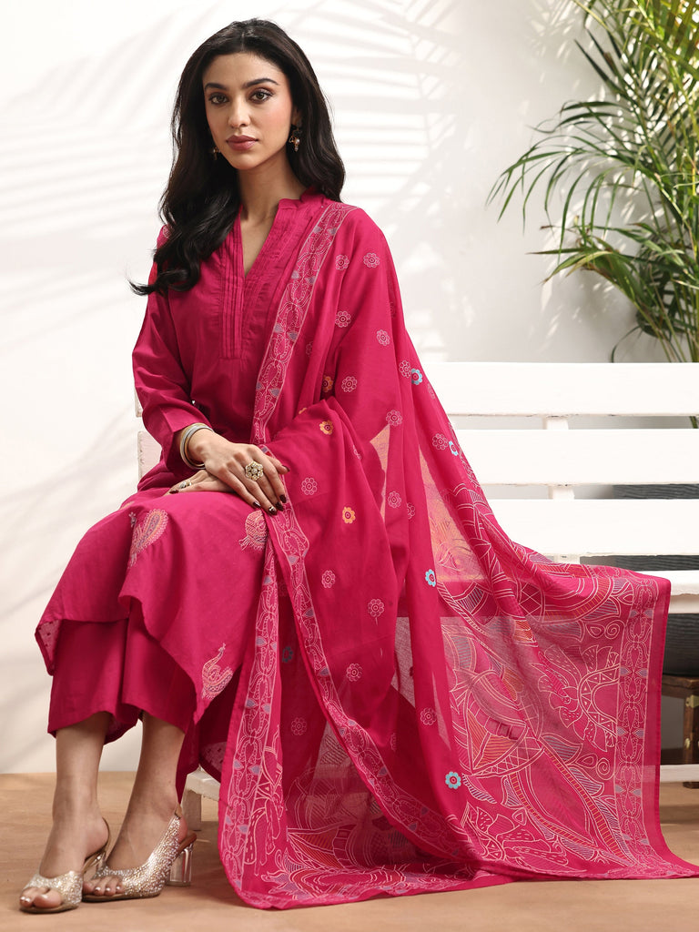 Libas Pink Embroidered Cotton Straight Suit Set With Dupatta