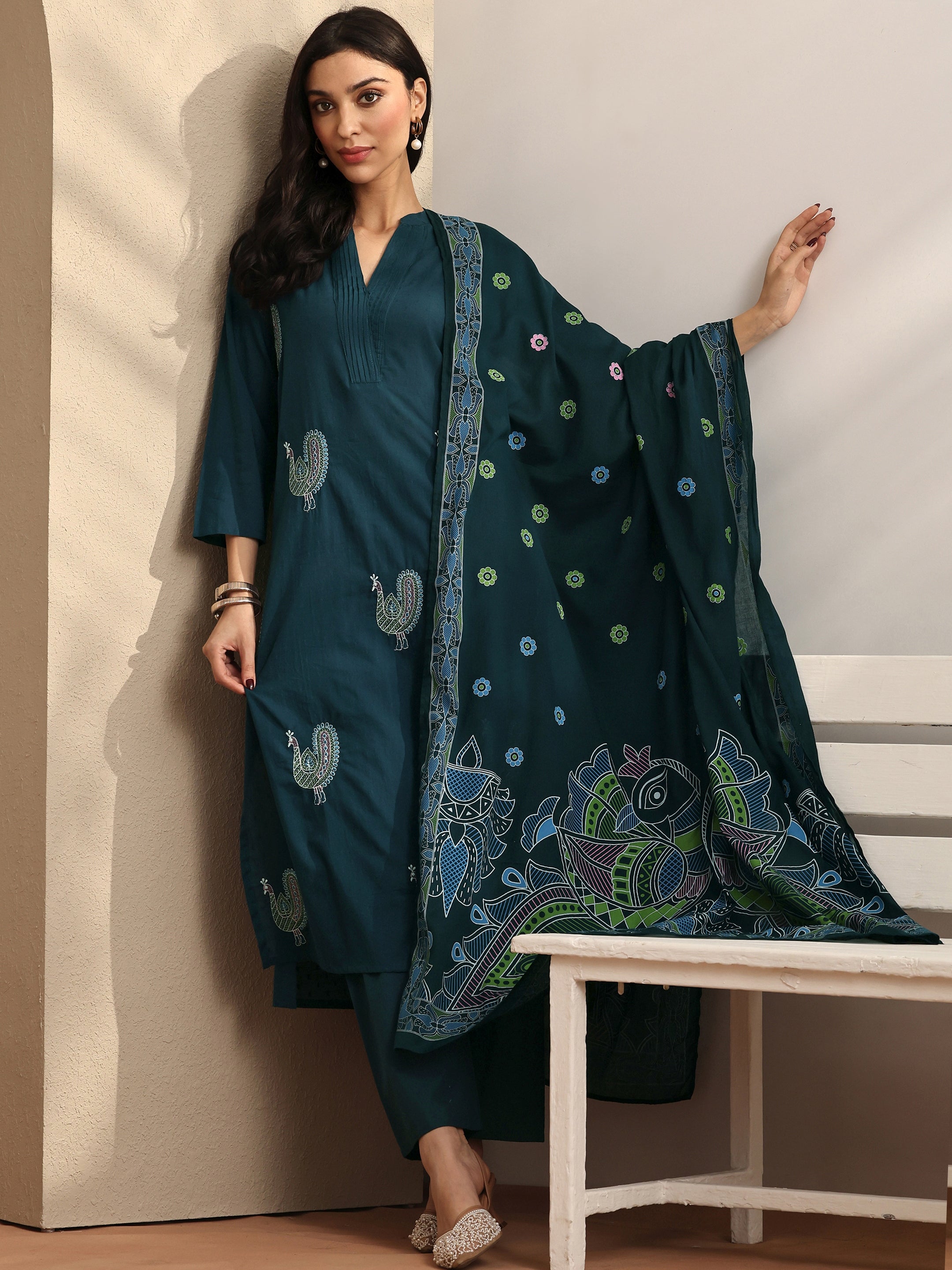 libas Blue Embroidered Cotton Straight Suit Set With Dupatta-picture-58