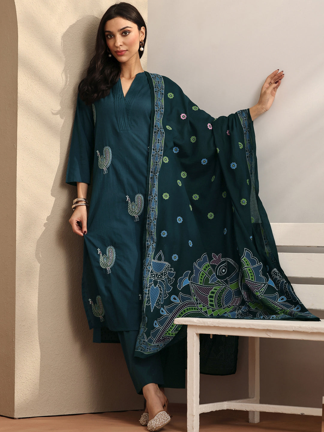  Blue Embroidered Cotton Straight Suit Set With Dupatta 