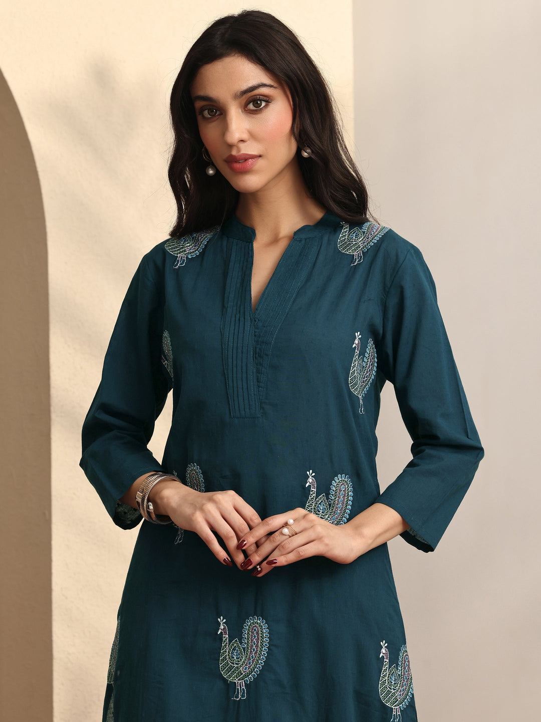  Blue Embroidered Cotton Straight Suit Set With Dupatta 