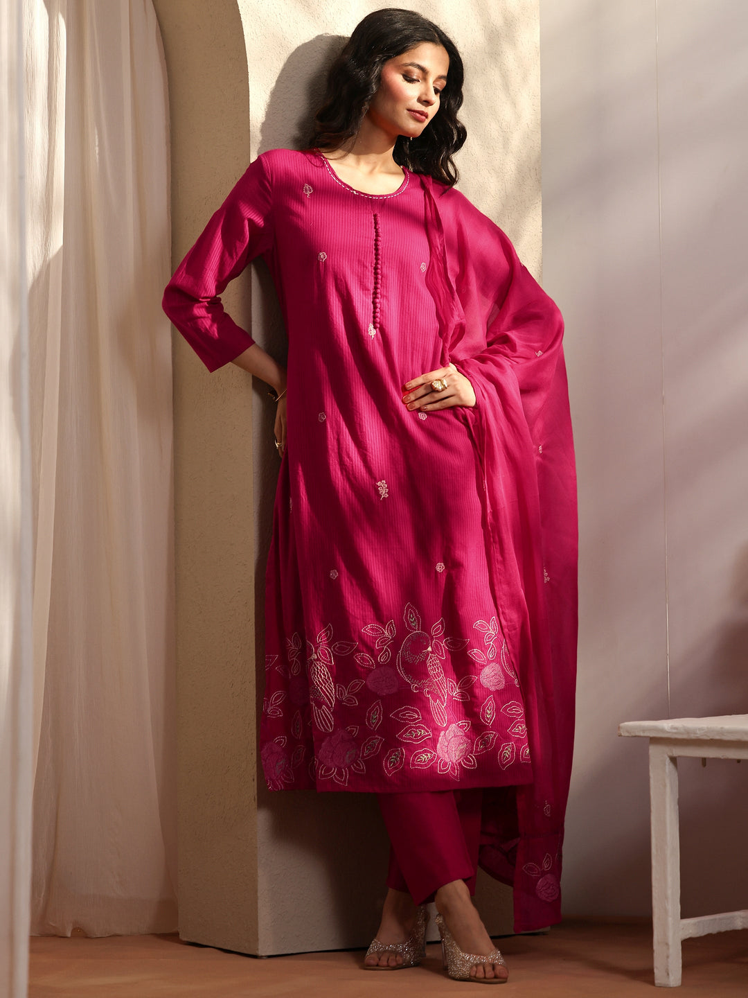  Pink Embroidered Cotton Straight Suit Set With Dupatta 