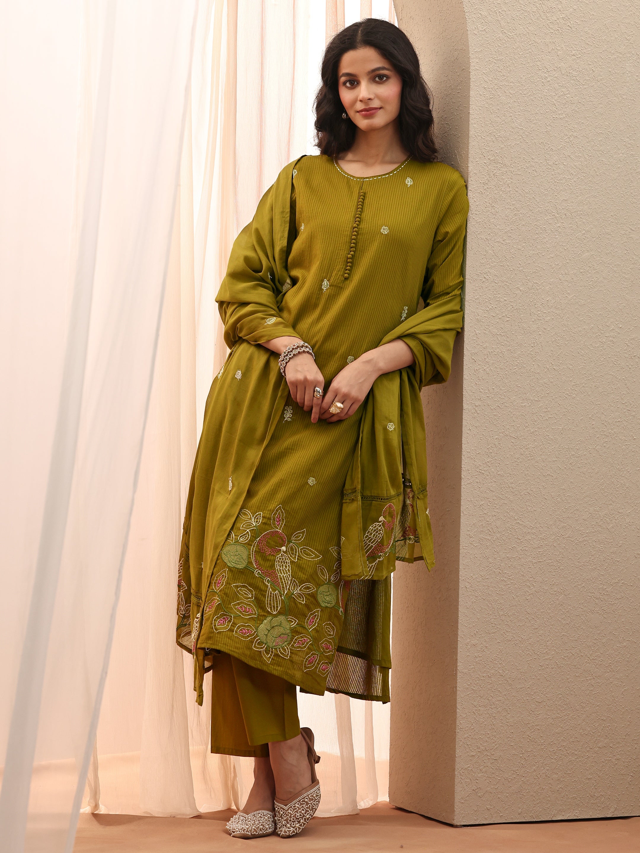 libas Green Embroidered Cotton Straight Suit Set With Dupatta-picture-13