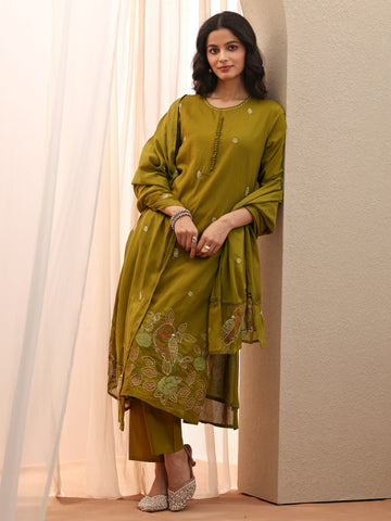 Green Embroidered Cotton Straight Suit Set With Dupatta