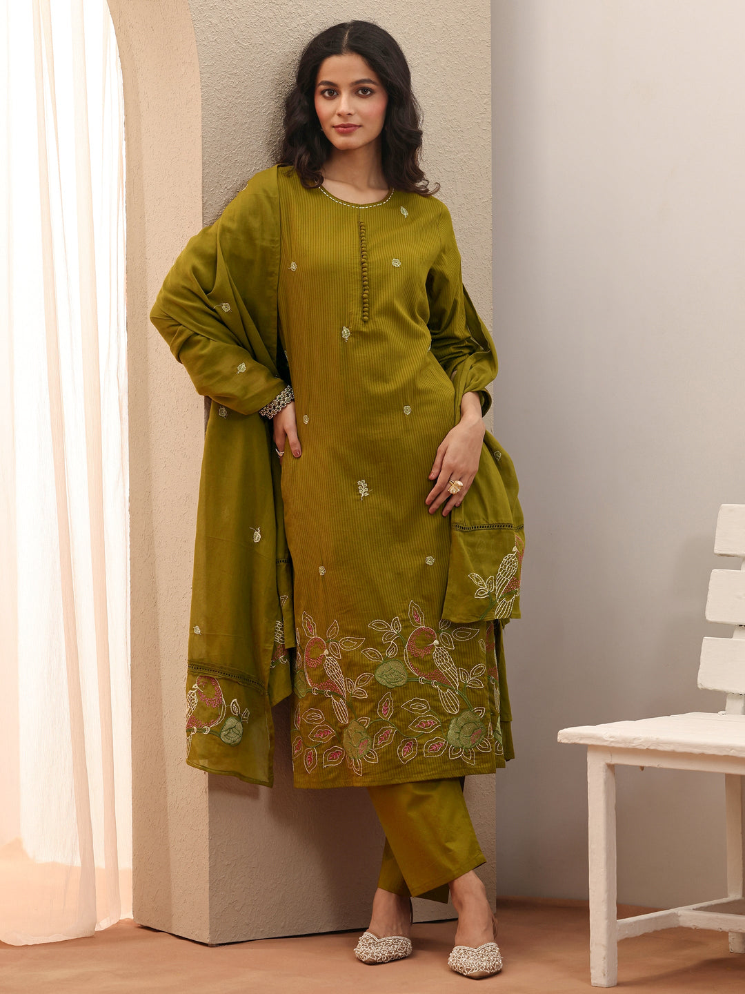  Green Embroidered Cotton Straight Suit Set With Dupatta 