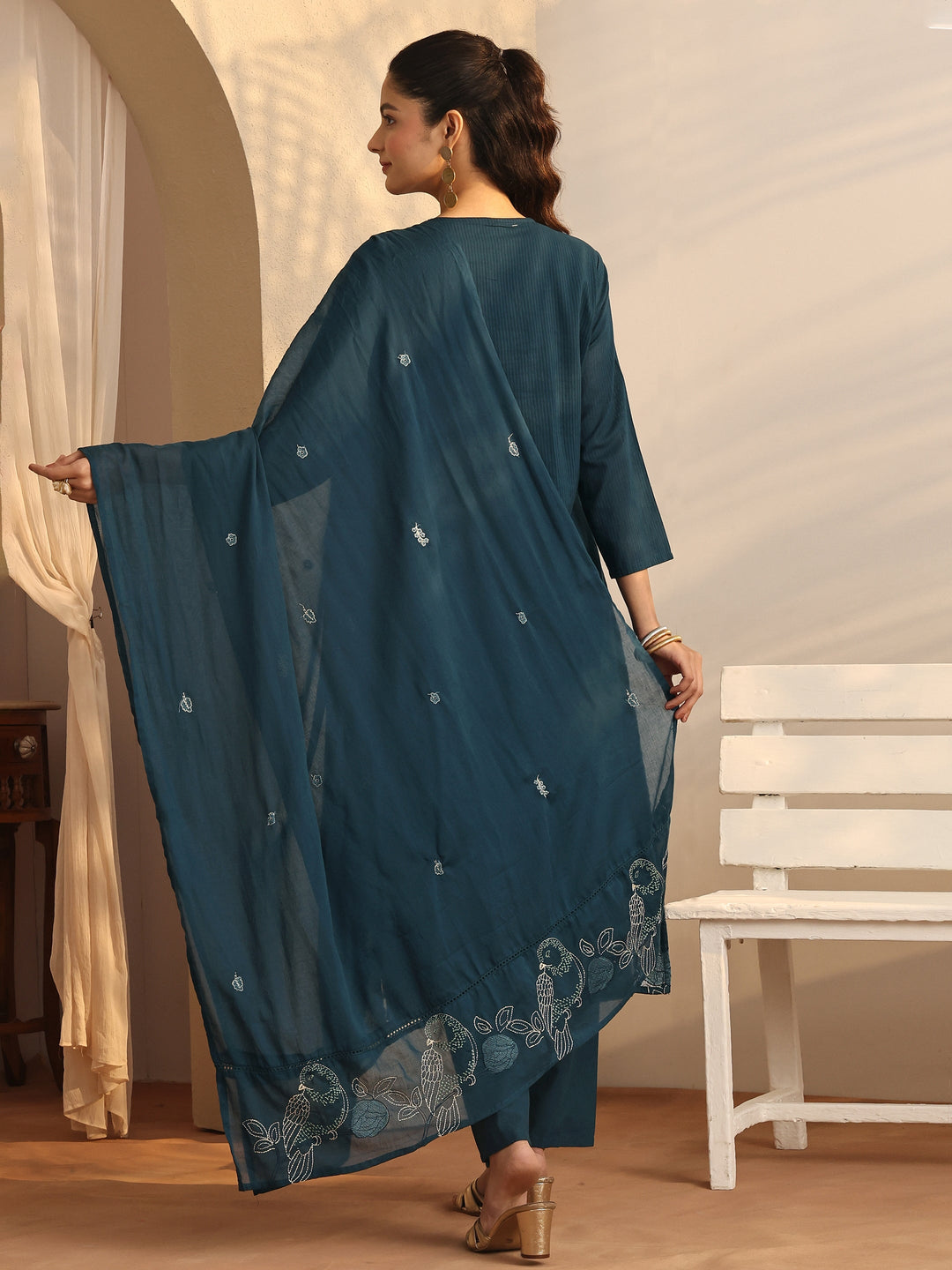  Blue Embroidered Cotton Straight Suit Set With Dupatta 