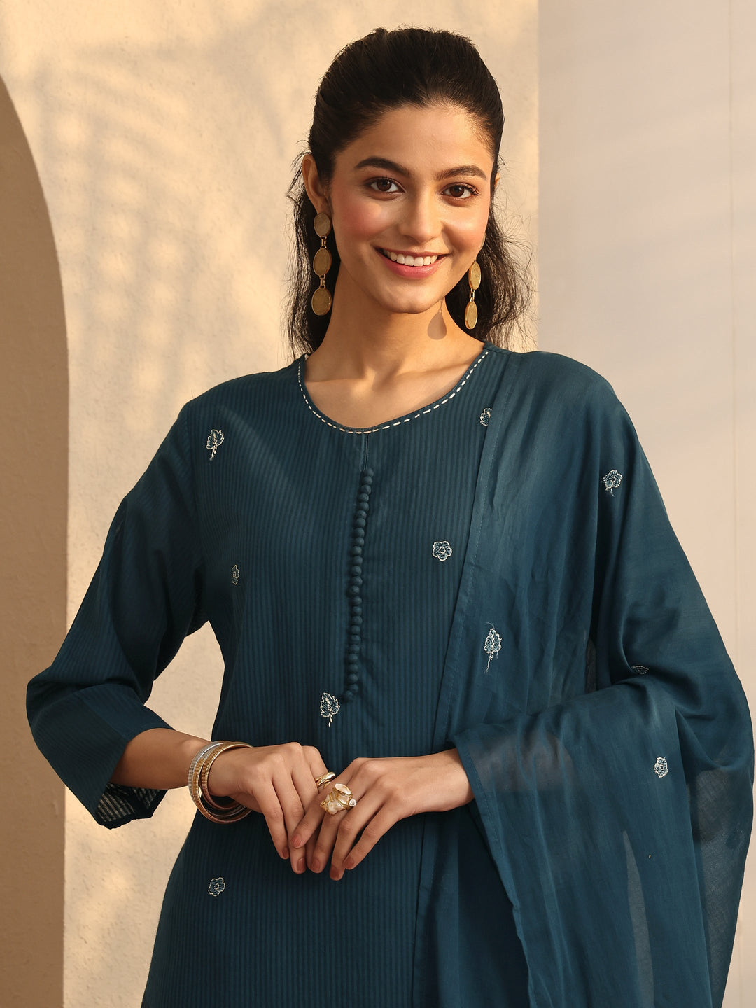  Blue Embroidered Cotton Straight Suit Set With Dupatta 